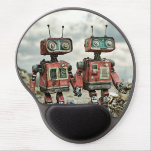 Cute Retro Robots In Love Holding Hands Gel Mouse Pad