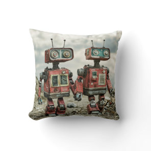 Cute Retro Robots In Love Holding Hands Throw Pillow