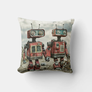 Cute Retro Robots In Love Holding Hands Throw Pillow