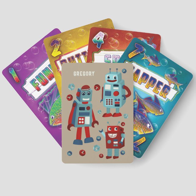 Cute Retro Robots Personalized Go Fish Cards (Back)
