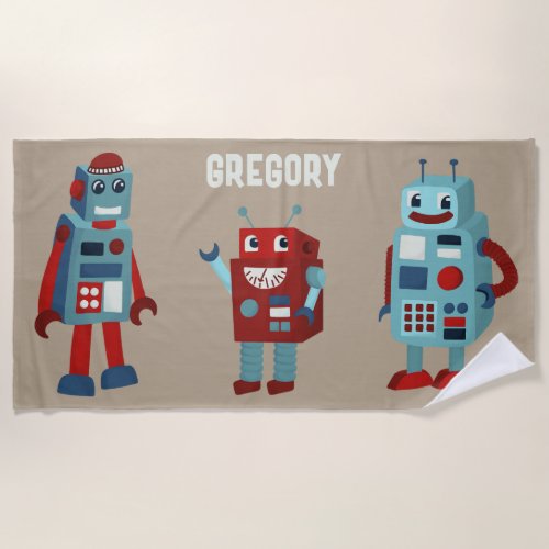 Cute Retro Robots Personalized Sci_Fi Beach Towel