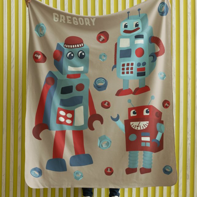Cute Retro Robots Personalized Sci-Fi Fleece Blanket (Creator Uploaded)