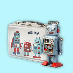 Cute Retro Robots Personalized Sci-Fi Metal Lunch Box