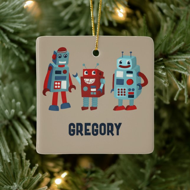 Cute Retro Robots Personalized Sci-Fi Photo Ceramic Ornament (Tree)
