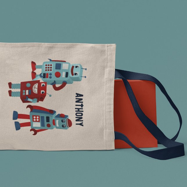 Cute Retro Robots Personalized Sci-Fi Tote Bag (Creator Uploaded)