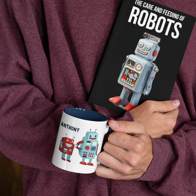 Cute Retro Robots Personalized Sci-Fi Two-Tone Coffee Mug (Creator Uploaded)