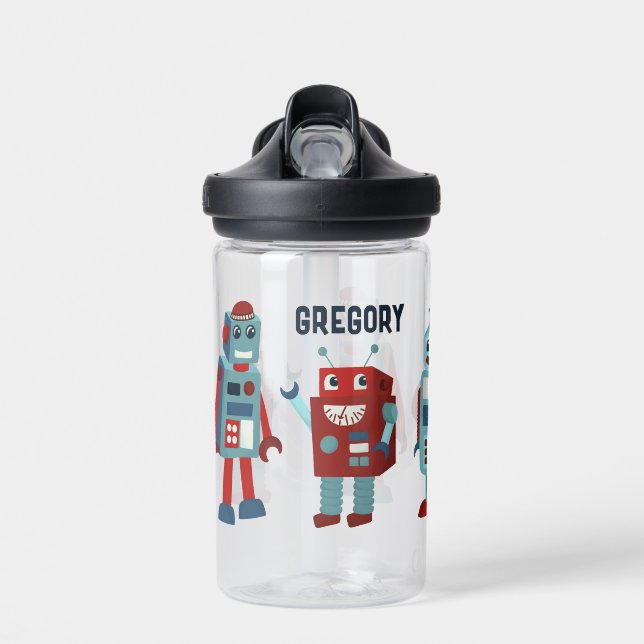 Cute Retro Robots Personalized Sci-Fi Water Bottle (Front)