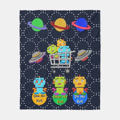 Cute Retro Robots Planets Flying Saucers Fleece Blanket