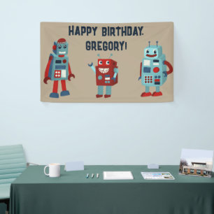 Cute Retro Robots Sci-Fi Boys Birthday Banner