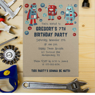 Cute Retro Robots Sci-Fi Boys Birthday Invitation