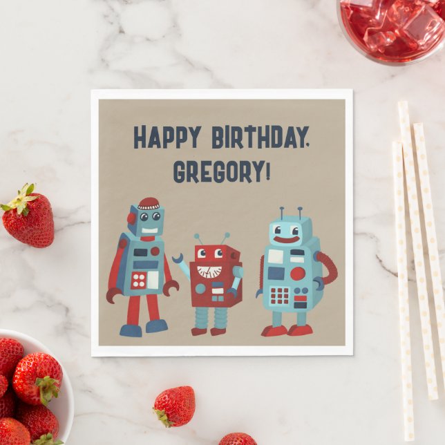 Cute Retro Robots Sci-Fi Boys Birthday Napkins (Insitu)