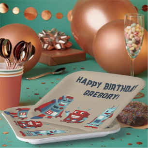 Cute Retro Robots Sci-Fi Boys Birthday Paper Plates
