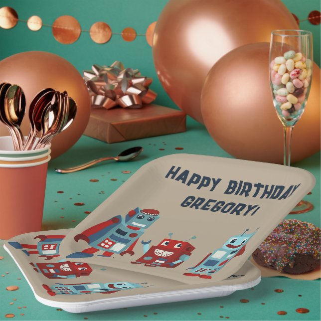 Cute Retro Robots Sci-Fi Boys Birthday Paper Plates (Multi)