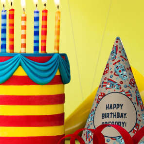 Cute Retro Robots Sci-Fi Boys Birthday Party Hat
