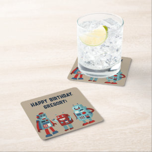 Cute Retro Robots Sci-Fi Boys Birthday Square Paper Coaster