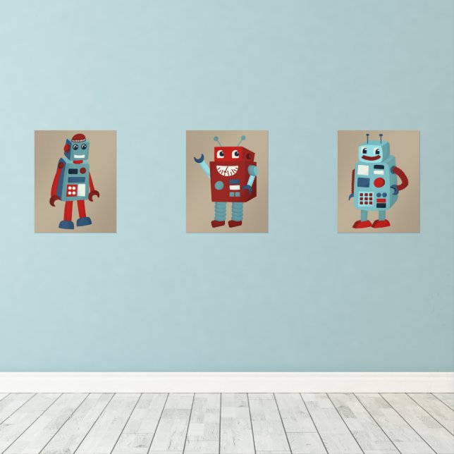 Cute Retro Robots Sci-Fi Themed Wall Art Sets (Wood Floor)