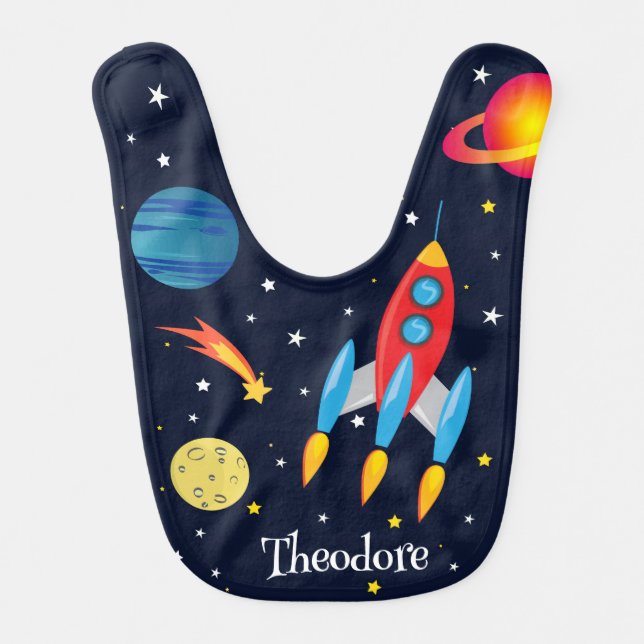 Cute Retro Rocket Ship In Outer Space Baby Bib (Front)