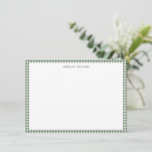 Cute Retro Sage Green Gingham Plaid Personalized Note Card