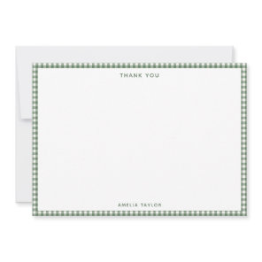 Cute Retro Sage Green Gingham Plaid Personalized Thank You Card