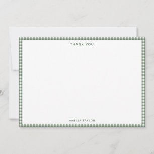 Cute Retro Sage Green Gingham Plaid Personalized Thank You Card