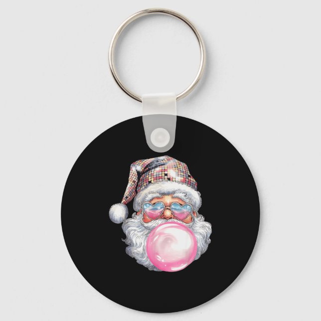 Cute Retro Santa Christmas Blowing Bubble Gum Vint Keychain (Front)