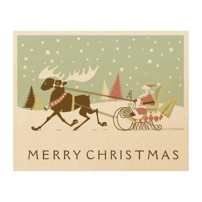 Cute Retro Santa Claus & Rein-deer Wood Wall Art (Front)