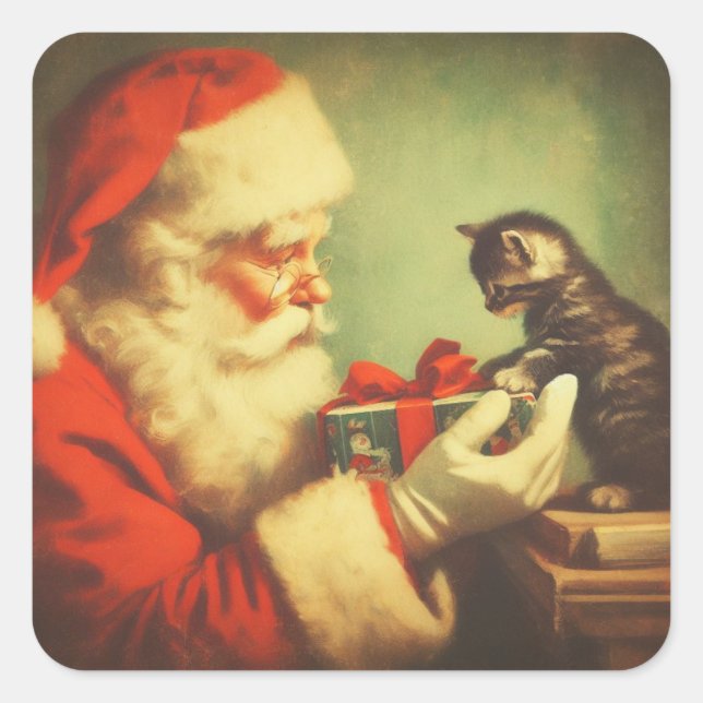 Cute Retro Santa with Kitten Illustration  Square Sticker (Front)