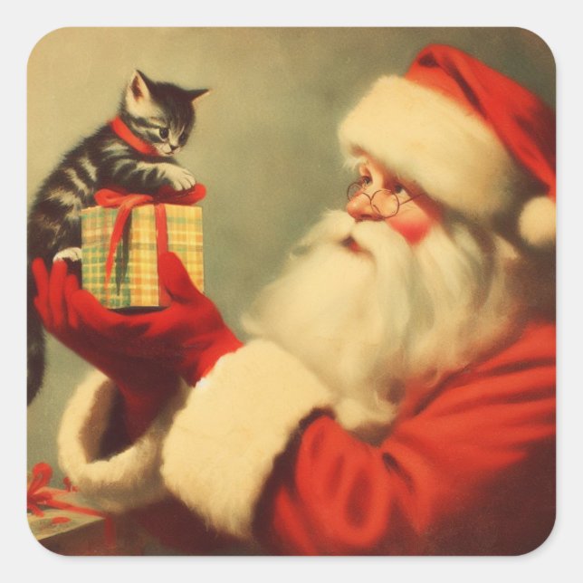 Cute Retro Santa with Kitten Illustration Square Sticker (Front)
