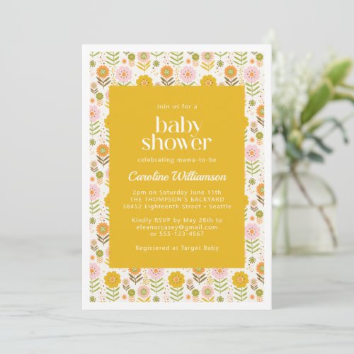 Cute Retro Scandinavian Yellow Flowers Baby Shower Invitation