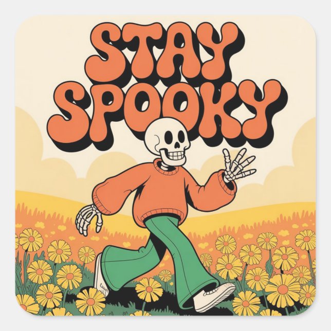 Cute Retro Skeleton Stay Spooky Halloween Square Sticker (Front)