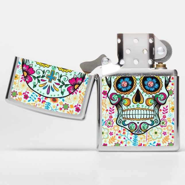 Cute Retro Skull And Flowers Pattern Zippo Lighter (Opened)