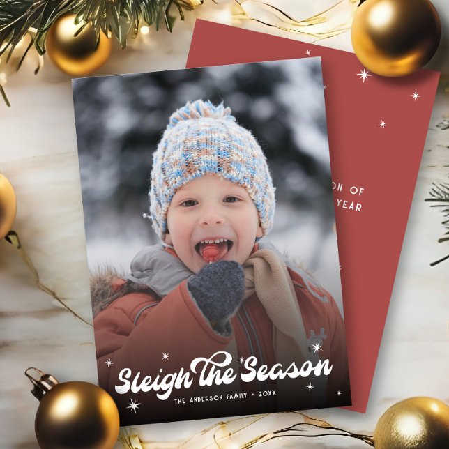Cute Retro Sleigh The Season Photo Christmas Snow  Holiday Card (Creator Uploaded)