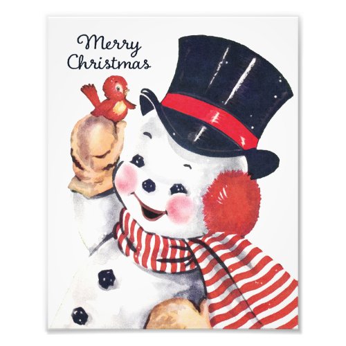 Cute Retro Snowman and Red Bird Wall Art