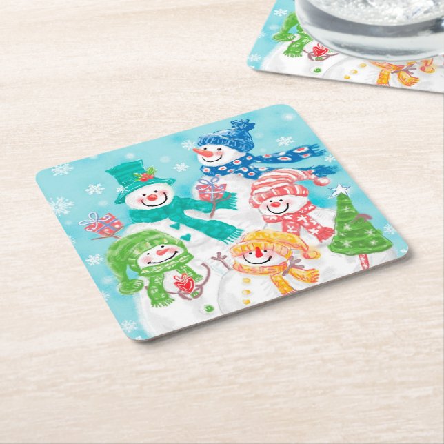 Cute Retro Snowman Christmas Square Paper Coaster (Angled)