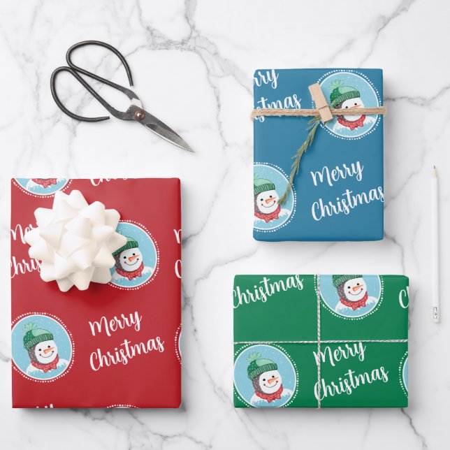 Cute Retro Snowman Merry Christmas Holiday Wrapping Paper Sheets (Front)