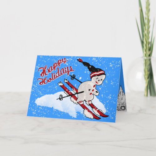 Cute Retro Snowman Skier _ Happy Holidays Holiday Card