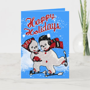 Cute Retro Snowmen Skaters - Personalized Holiday Card