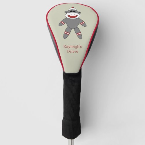 Cute Retro Sock Monkey on Tan With Name Golf Head Cover
