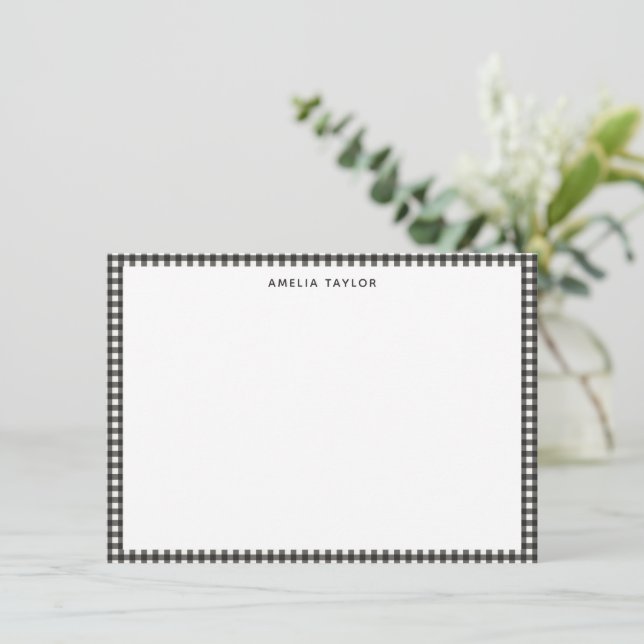 Cute Retro Soft Black Gingham Plaid Personalized Note Card (Standing Front)