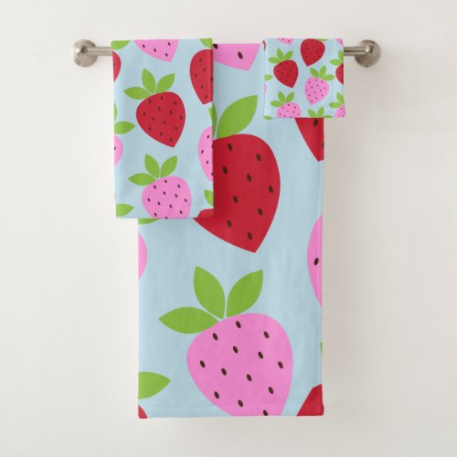 Cute Retro Strawberry Fruit Pattern Pink Red Blue Bath Towel Set