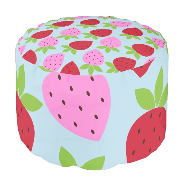 Cute Retro Strawberry Fruit Pattern Pink Red Blue Pouf (Angled Front)