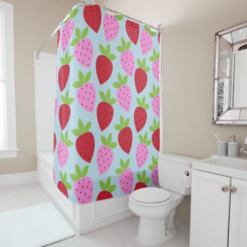 Cute Retro Strawberry Fruit Pattern Pink Red Blue Shower Curtain