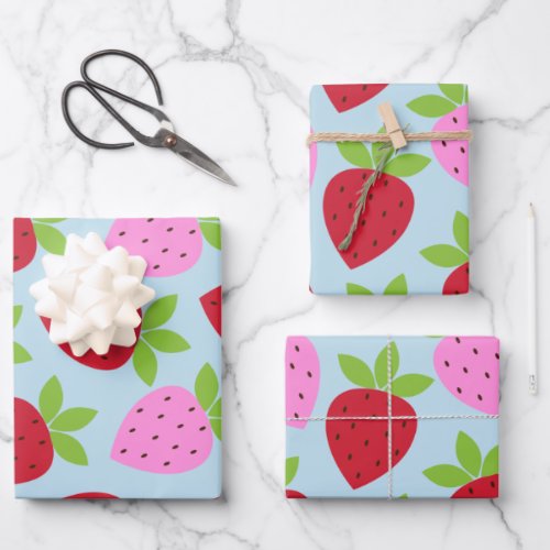 Cute Retro Strawberry Fruit Pattern Pink Red Blue Wrapping Paper Sheets