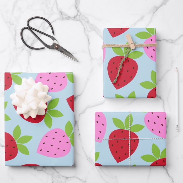 Cute Retro Strawberry Fruit Pattern Pink Red Blue Wrapping Paper Sheets (Front)