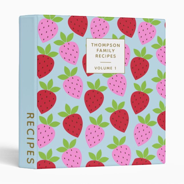 Cute Retro Strawberry Pattern Personalized Recipes 3 Ring Binder (Front/Spine)