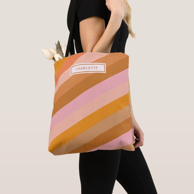 Cute Retro Stripes Pink Rust Personalized Name Tote Bag (Close Up)