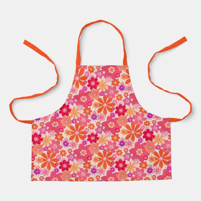 Cute Retro Style Floral Pattern Orange Pink Kids Apron (Front)