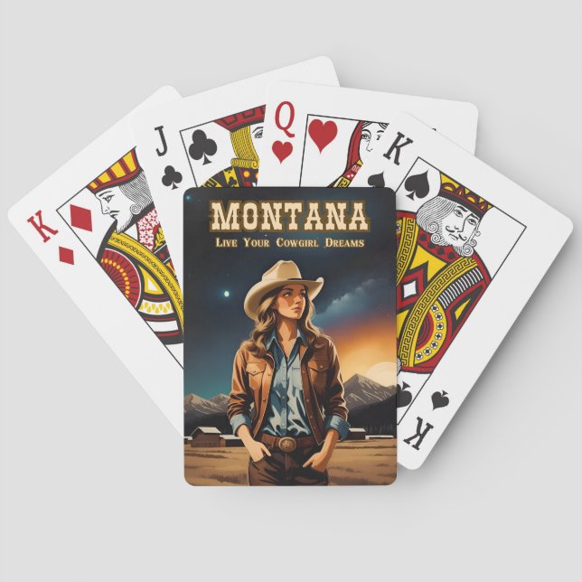 Cute Retro Style Night Sky Montana Cowgirl Poker Cards (Back)