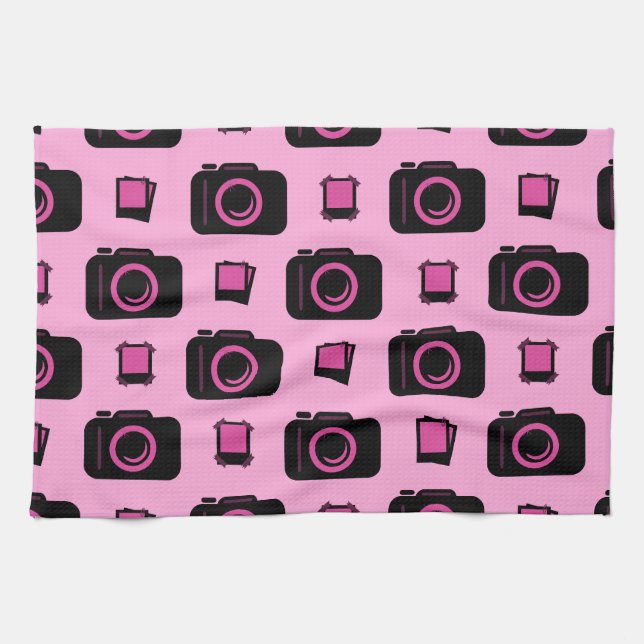 Cute Retro Style Pink Black Camera Pattern Towel (Horizontal)