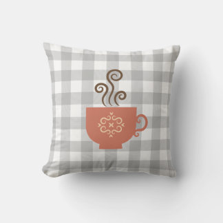 Cute Retro Tea or Coffee Cup on Grey Buffalo Plaid Throw Pillow